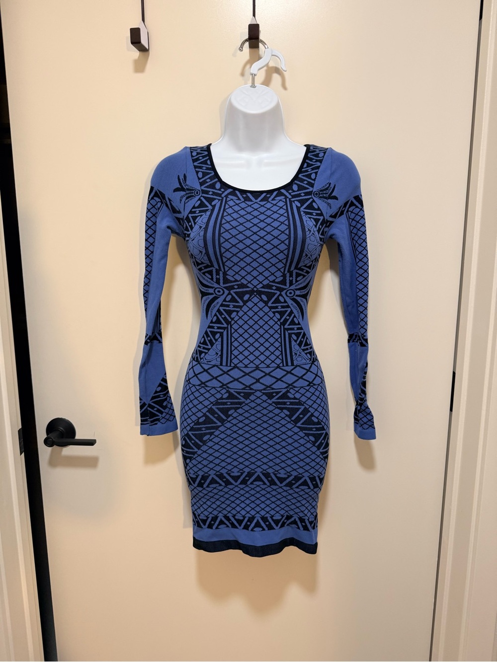 Free People Blue and Black Geometric Long-Sleeve Bodycon Dress